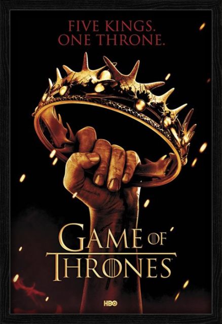 Plakat z koroną z gry o tron oprawiony w czarną drewnianą ramkę
