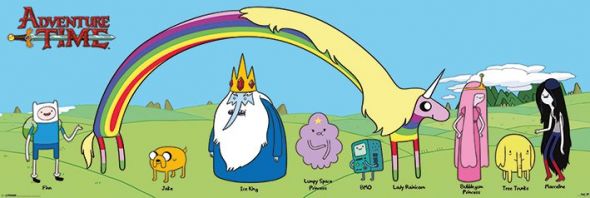 Długi poziomy plakat z postaciami wystepującymi w kreskówce AdventureTime