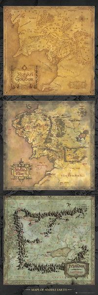 Plakat na drzwi z mapami krain z Władcy Pierścieni