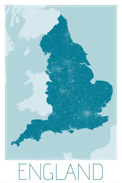 niebieska mapa ścienna o wymiarach 61x91,5 cm zatytułowana England, blue