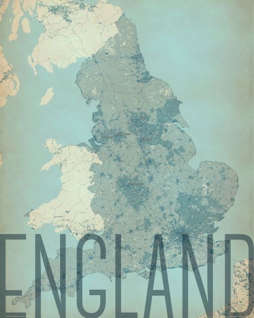 artystyczna mapa ścianna zatytułowana England, vintage
