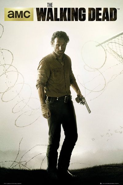 Poster z serialu o zombie the walking dead na którym Rick Grimes stoi z pistoletem