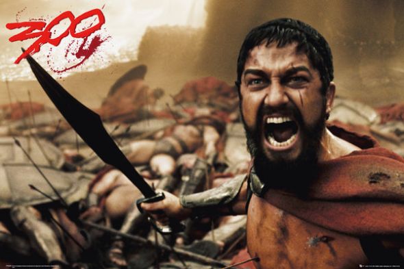 Plakat z królem Leonidasem na tle trupów z filmu ''300 Spartan''