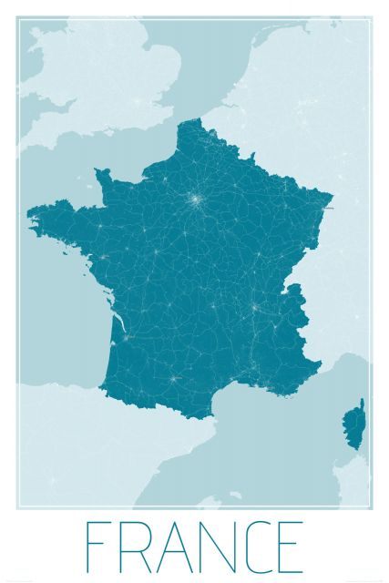 niebieska mapa ścienna o wymiarach 61x91,5 cm zatytułowana France, blue