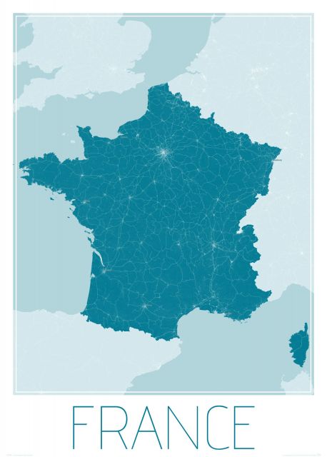 niebieska mapa ścienna 50x70 cm zatytułowana France, blue