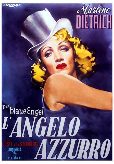 plakat przedstawiający Błękitnego anioła czyli aktorkę Marlene Dietrich na fioletowym tle