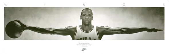 plakat nike ''Michael Jordan wings'' z zawodnikiem trzymającym w dłoni piłkę do koszykówki