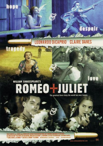 plakat kinowy Romeo i Julia Williama Shakespeare'a z Leonardo DiCaprio i Claire Danes