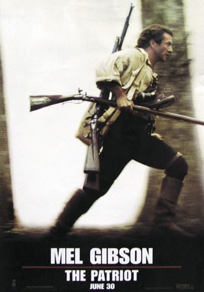 Mel Gibson biegnący ze strzelbą w ręku na wojne - plakat z filmu Patriota