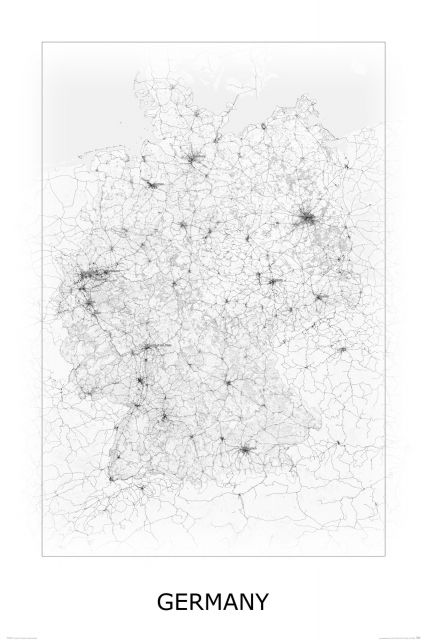 czarno-biała mapa ścienna o wymiarach 61x91,5 cm zatytułowana Germany, black&white