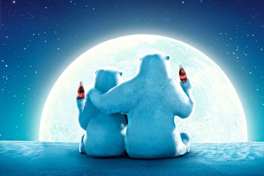 plakat reklamujący napój Coca Cola z misiami polarnymi patrzącymi na księżyc