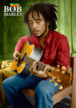 kolorowa reprodukcja z efektem 3D przedstawiająca grającego na gitarze Boba Marleya