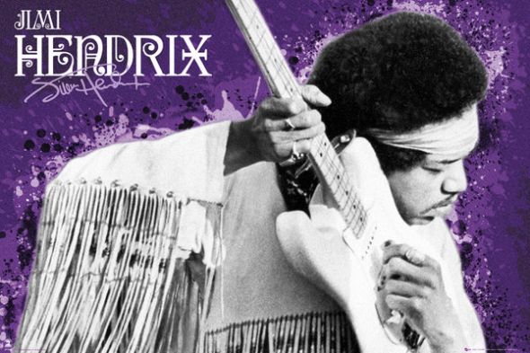 Jimi Hendrix grający na gitarze. Fioletowe tło