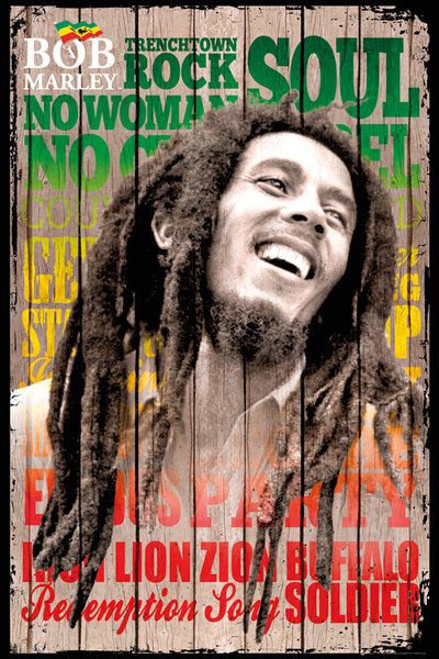 plakat o wymiarach 61x91,5 cm przedstawiający wspaniałego piosenkarza i Rastafarianina - Boba Marleya na tle zielono - żółto - czerwonych desek z tytułami jego największych przebojów: Soul Rebels, No Woman No Cry, Iron Lion Zion czy Buffalo Soldier