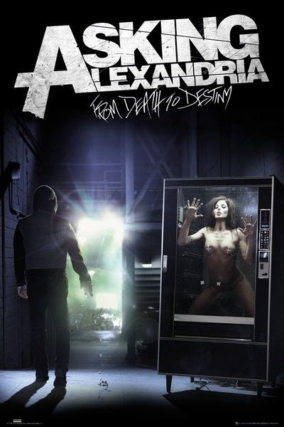Plakat z okładką płyty zespołu Asking-Alexandria przedstawiający nagą kobietę zamkniętą w automacie