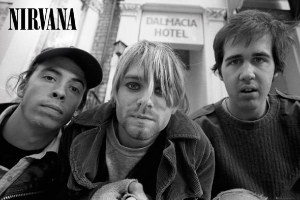 czarno-biały plakat z zespołem Nirvana i Kurtem Cobainem
