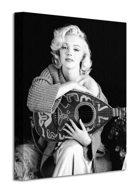 Czarno-biały obraz na płótnie z Marilyn Monroe trzymającą lutnie