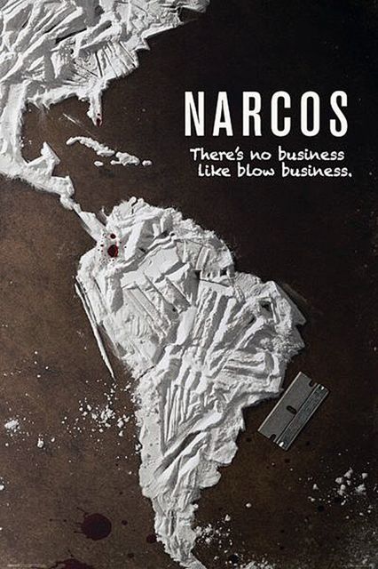 Plakat z serialu Narcos z mapą ameryki i napisem there's no business like blow business