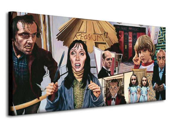 Duży obraz przedstwiający postacie z horroru pt. Lśnienie m.in Jack Torrance, Wendy Torrance, Danny Torrance, Dick Hallorann