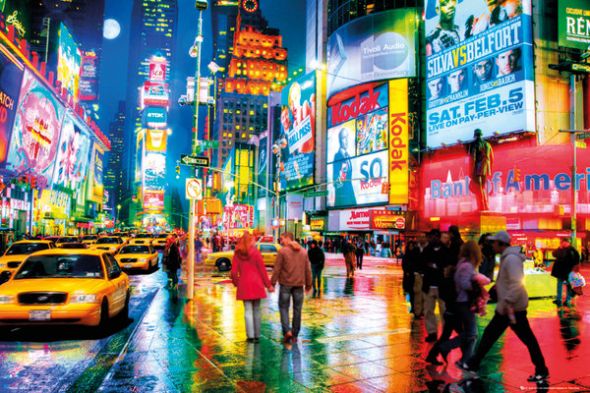 Nowy Jork, Times Square nocą. Kolorowe reklamy i nocne życie w mieście na plakacie