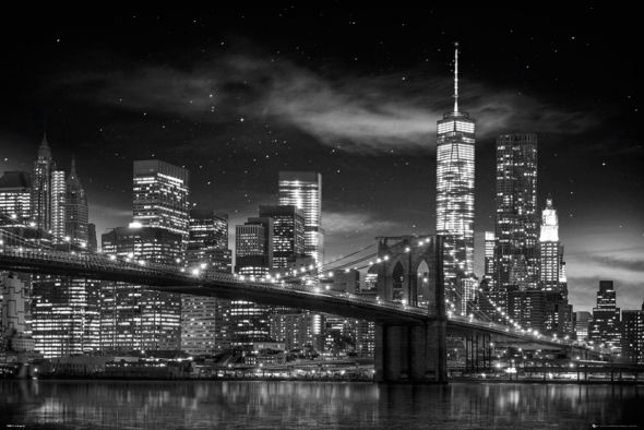 Czarno-biały plakat z panoramą New York i widokiem na World Trade Center