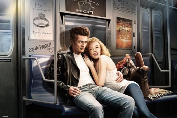 plakat James Dean i Marilyn Monroe siedzącymi w metrze z zakupami