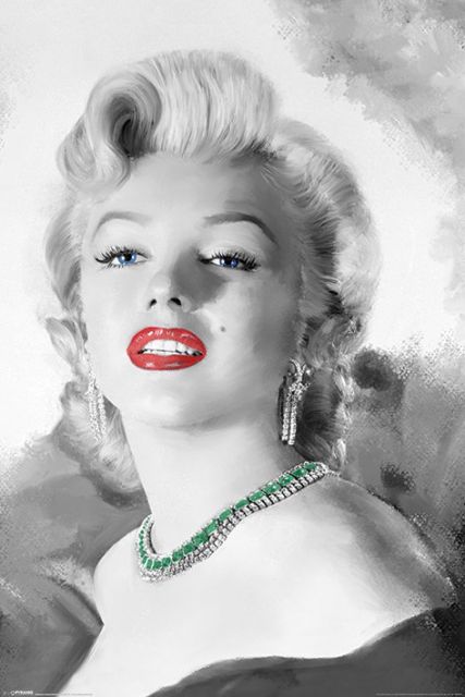 Marilyn Monroe z czerwoną szminką na ustach i pięknym naszyjnikiem autorstwa Jerry Michaels