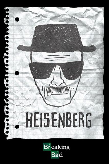 plakat o wymiarach 61x91,5 cm z twarzą Heisenberga z serialu Breaking Bad narysowaną na pomiętej kartce papieru