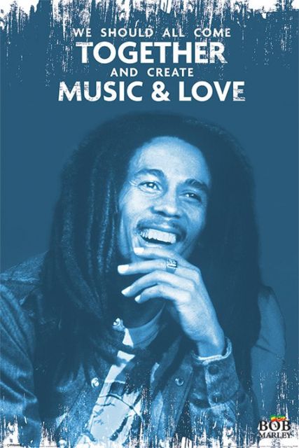 plakat na ścianę z portretem Boba Marleya w niebieskiej kolorystyce z napisem Music&Love