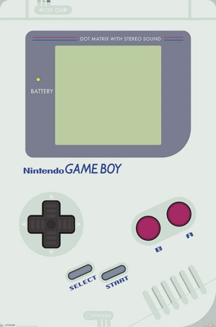 Biały gameboy Nintendo na plakacie
