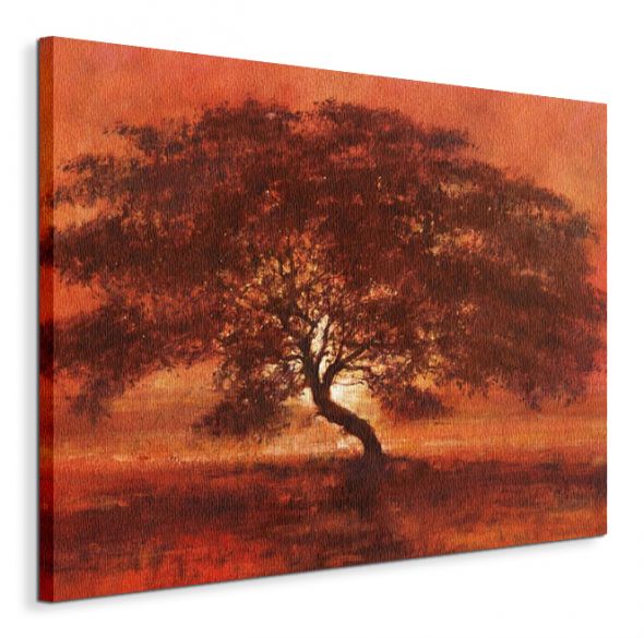 canvas w pomarańczowej kolorystyce z drzewem na pustyni na tle słońca