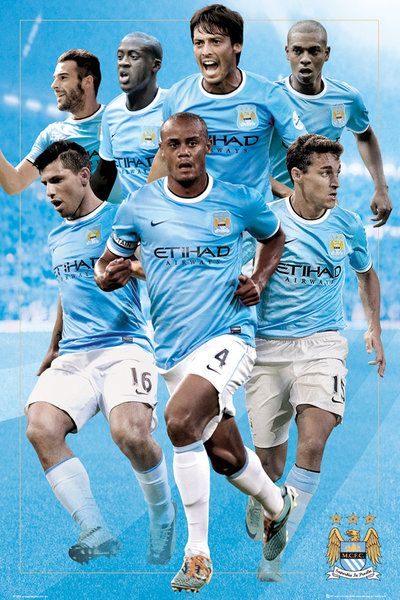 plakat z zawodnikami drużyny piłkarskiej Manchester City na sezon 13/14