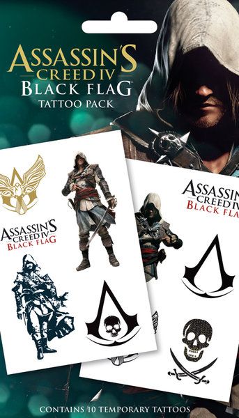 Zestaw zmywanych tatuży z głownym bohaterem i logiem z gry Assassins Creed black flag