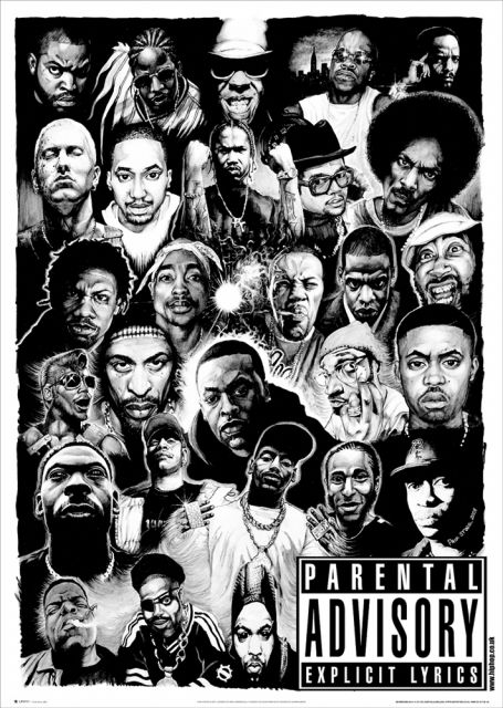 czarno-biały plakat przedstawiający twarze bogów rapu m.in. Eminema, 50 Centa