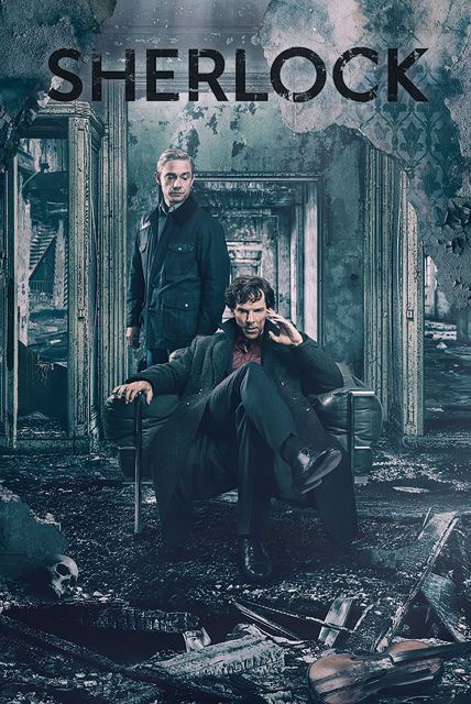 Plakat z serialu Sherlock zatytułowany Sherlock i John (wybuch)