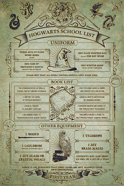 plakat dla fanów Harrego Pottera z listą zakupów do szkoły