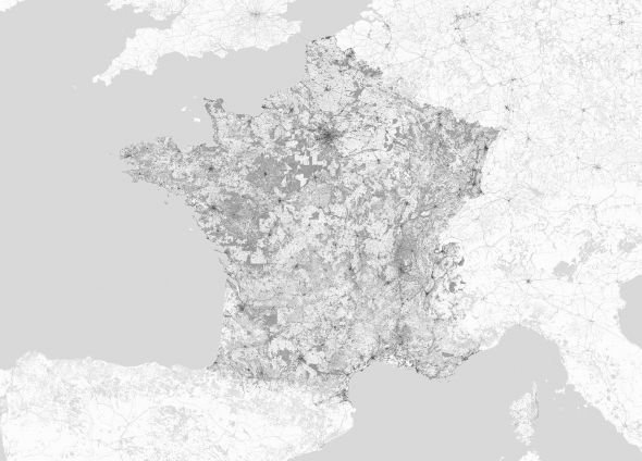 Francja - mapa czarno biała - fototapeta