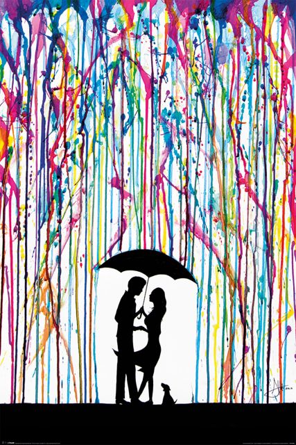 Kolorowy deszcz spadający na parę chroniącą się pod parasolką autorstwa Marc'a Allante