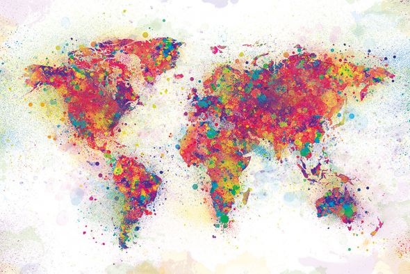 Kolorowa mapa świata wykonana z kropli farby