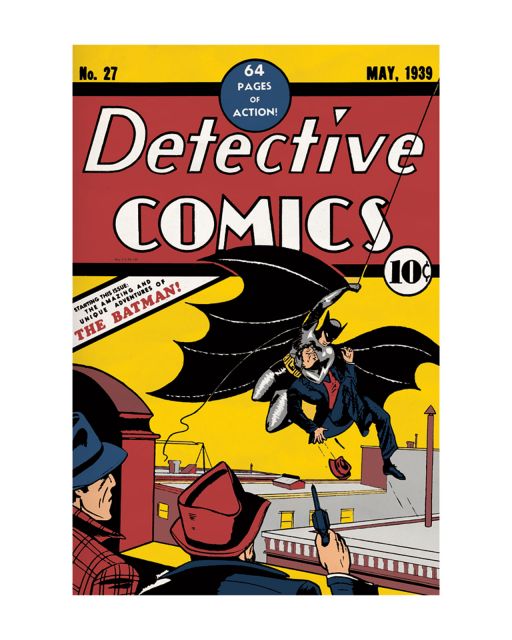 reprodukcja o wymiarach 40x50 cm przedstawiająca Batmana w Detective Comics #27 w maju 1939 roku z podtytułem: 64 strony akcji