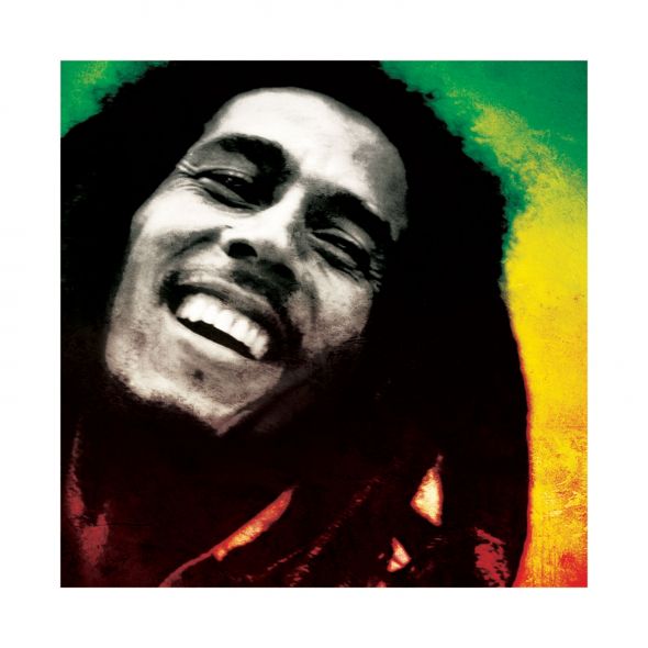 kwadratowa reprodukcja 40x40 cm przedstawiająca portret Boba Marleya na tle kolorów rasta