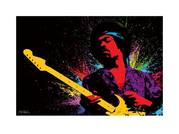 Kolorowa reprodukcja z Jimim Hendrixem i jego gitara