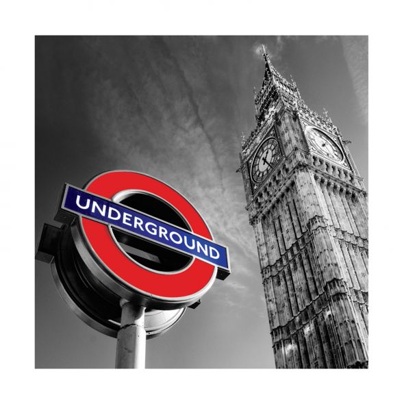 reprodukcja o wymiarach 40x40 cm przedstawiająca znak londyńskiego metra na tle Big Bena