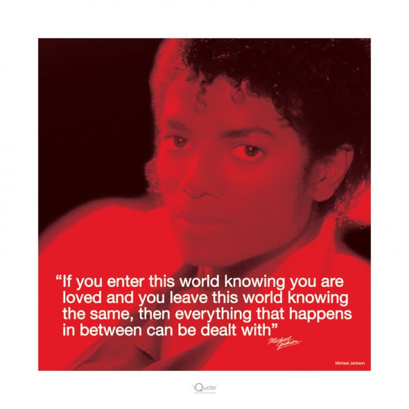 Cytaty z Michaelem Jacksonem na kwadratowej reprodukcji.
