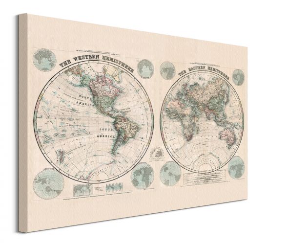 Stanfords Mapa Świata, Półkule 1877 - obraz na płótnie 80x60 cm