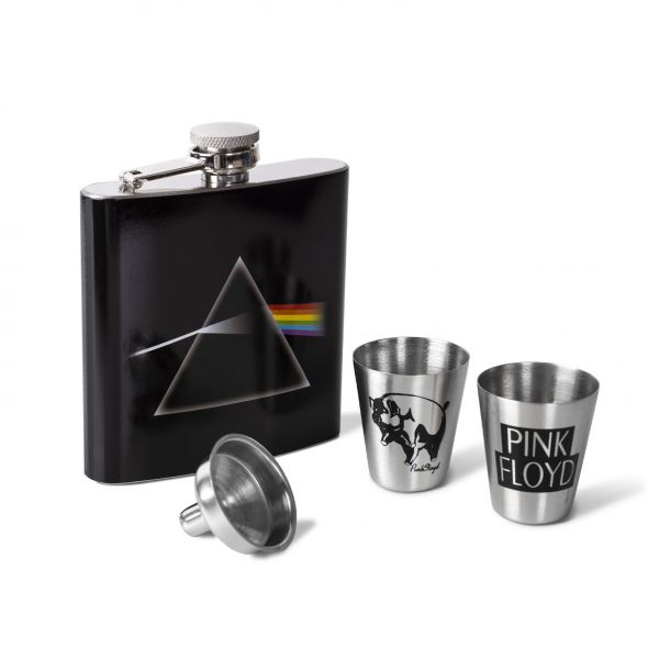 Piersiówka z kieliszkami z logo zespołu Pink Floyd
