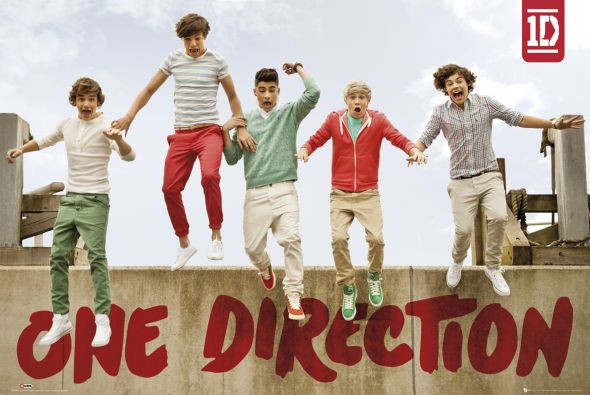 Plakat przedstawiający chłopaków z One Direction skaczących z murku
