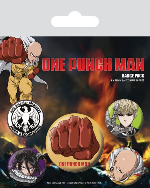 One Punch man przypinki z postaciami Saitama, Genos, Speed o Sound