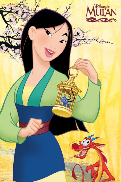 Bajkowy oryginalny plakat Disney Mulan Mushu CriKee i kwitnąca wiśnia