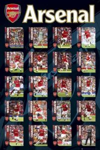 Plakat z kilkunastoma zdjęciami piłkarzy londyńskiego klubu Arsenal